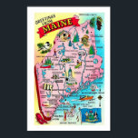 Colourful Vintage Maine Map Print<br><div class="desc">Fun,  colourful vintage postcard map of the state of Maine.</div>