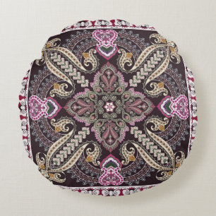 Colourful vintage mandala motifs seamless pattern round cushion