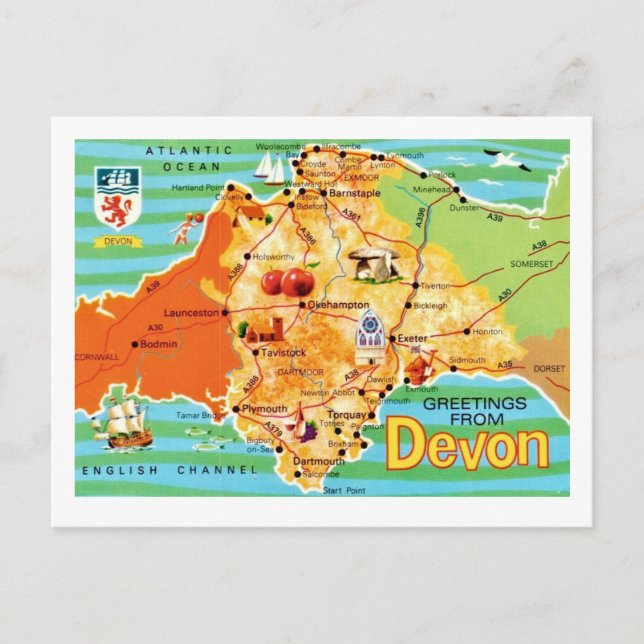 Colourful Vintage Map of Devon England Postcard (Front)