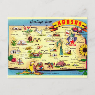 "Colourful Vintage Map of Kansas  Postcard