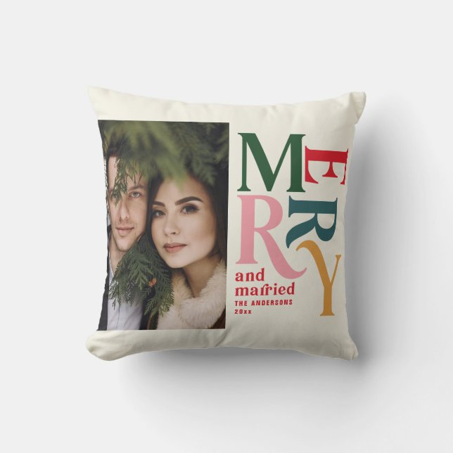 Colourful vintage merry + married Christmas photo Cushion (Front)