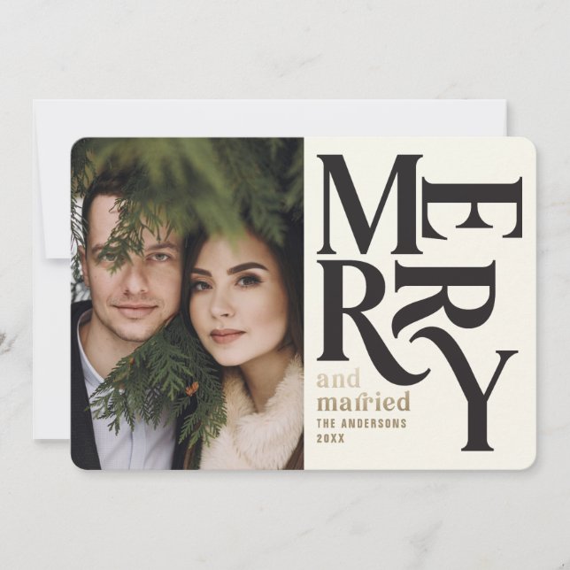 Colourful vintage merry + married chritsmas photo announcement (Front)