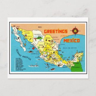 Colourful Vintage Mexico Map Postcard