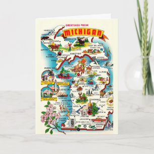 Colourful Vintage Michigan Map Card