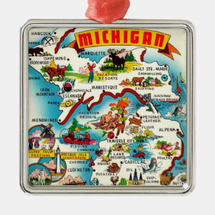 Colourful Vintage Michigan Map  Metal Tree Decoration