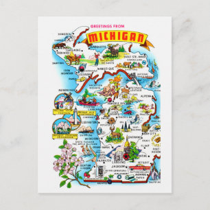 Colourful Vintage Michigan Map Postcard