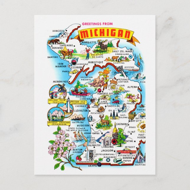 Colourful Vintage Michigan Map Postcard (Front)