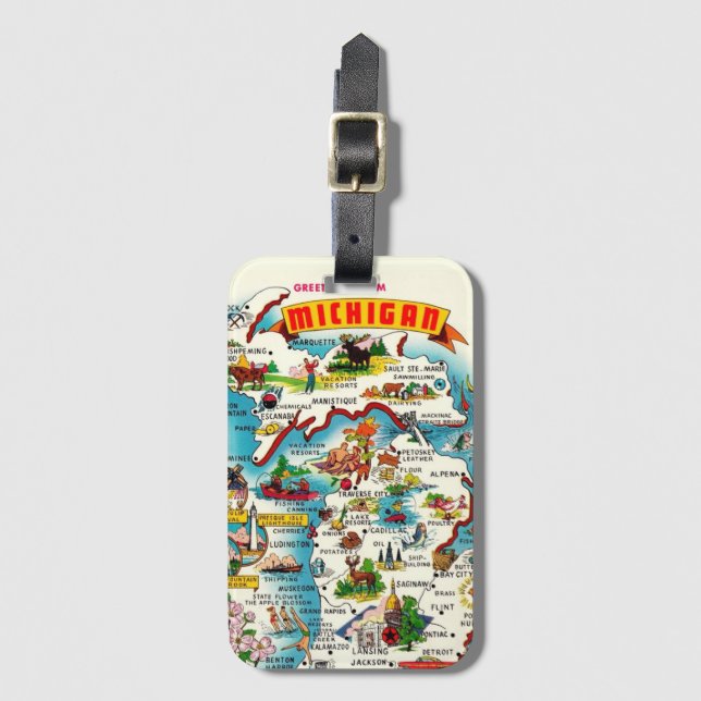 Colourful Vintage Michigan Map Postcard Luggage Tag (Front Vertical)