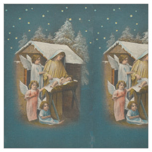 Colourful vintage nativity scene textile fabric