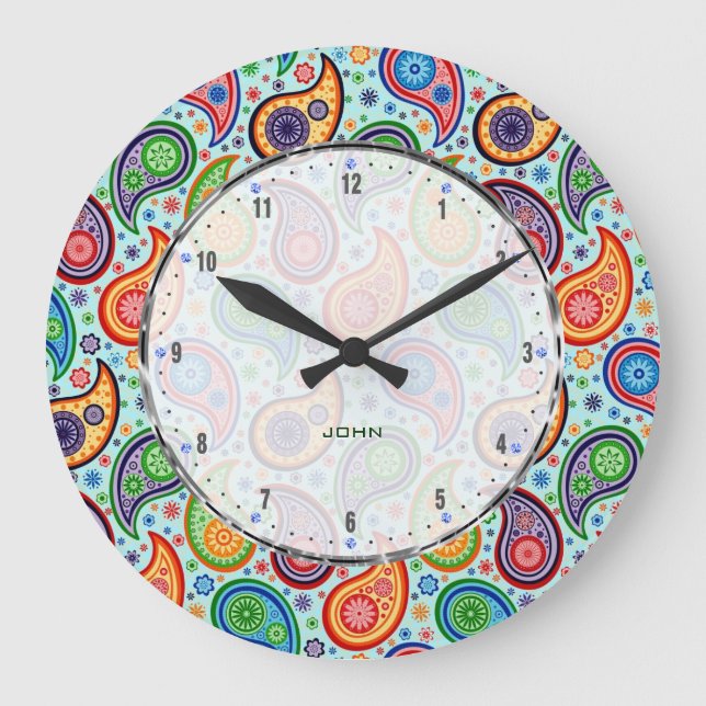 Colourful Vintage Paisley Soft Blue Background Large Clock (Front)