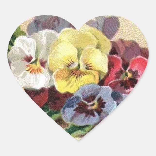 Colourful Vintage Pansies Floral Heart Stickers (Front)
