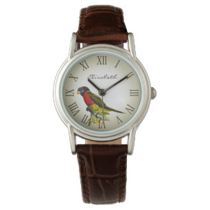 Colourful vintage parrot illustration name watch