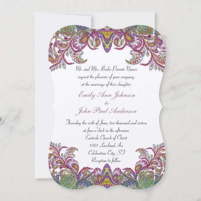 Colourful Vintage Peacock Paisley Damask Wedding Invitation (Front)