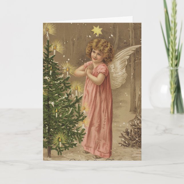 Colourful vintage pink Christmas angel card (Front)