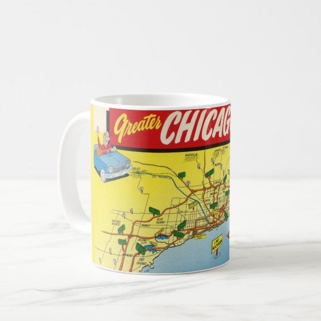Colourful Vintage Postcard Map of Chicago  Coffee Mug (Front Left)