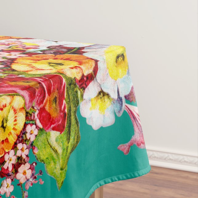   Colourful Vintage Primroses Floral Spring Patter Tablecloth (In Situ)
