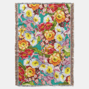 Colourful Vintage Primroses Floral Spring Patter Throw Blanket