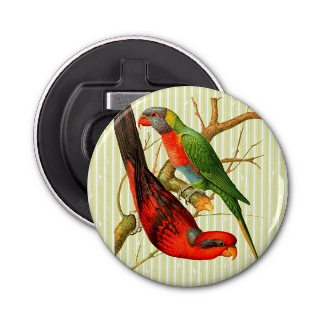 Colourful Vintage Red & Green Parrots Illustration Bottle Opener (Front)