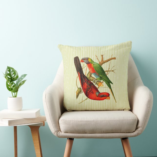 Colourful Vintage Red & Green Parrots Illustration Cushion (Chair)