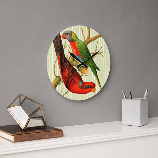 Colourful Vintage Red & Green Parrots Illustration Large Clock (Office)