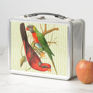 Colourful Vintage Red & Green Parrots Illustration Metal Lunch Box