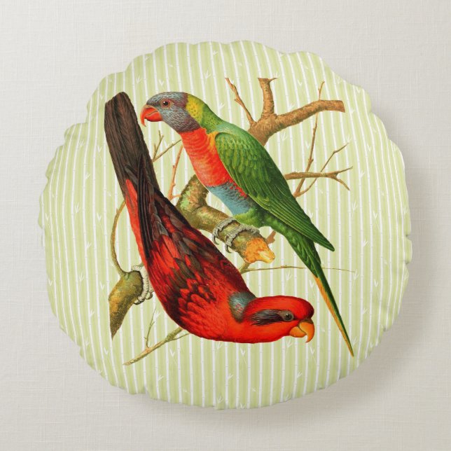 Colourful Vintage Red & Green Parrots Illustration Round Cushion (Front)