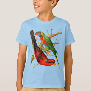 Colourful Vintage Red & Green Parrots Illustration T-Shirt