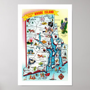 Colourful Vintage  Rhode Island Map Print