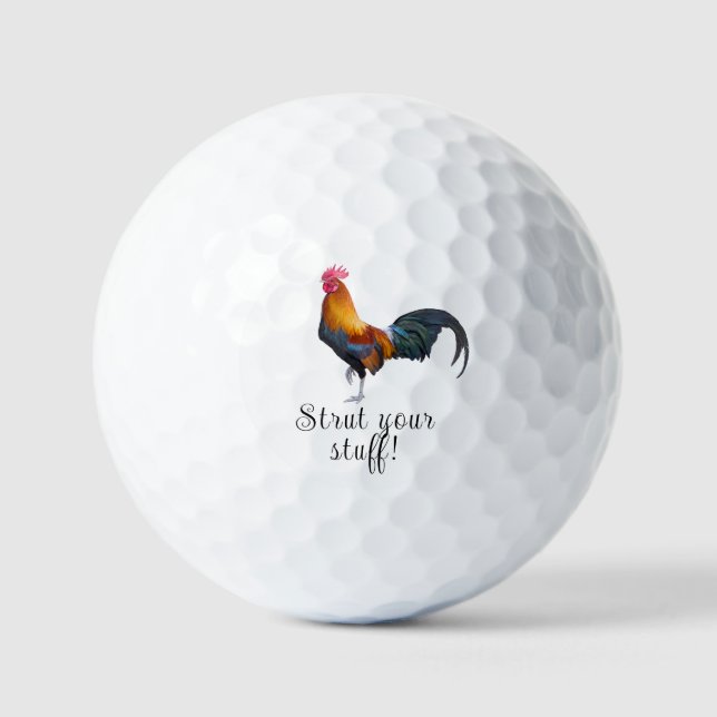 Colourful Vintage Rooster "Strut your stuff!" Golf Balls (Front)