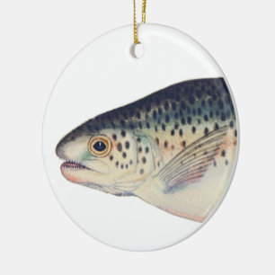 Colourful vintage salmon illustration ceramic tree decoration