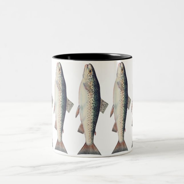 Colourful vintage salmon illustration Two-Tone coffee mug (Center)