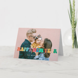 Colourful vintage script Happy New Year photo Holiday Card