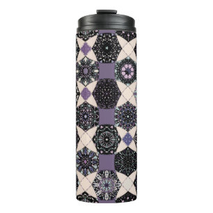 Colourful vintage seamless pattern with floral and thermal tumbler