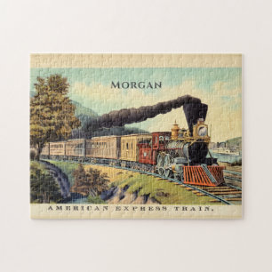 Colourful Vintage Steam Train Art, Name Jigsaw Puzzle