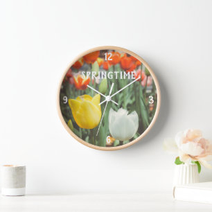 Colourful vintage style spring tulips clock