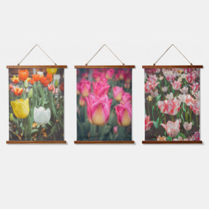 Colourful vintage style spring tulips hanging tapestry