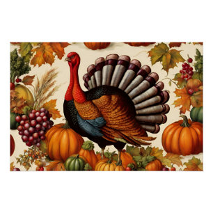 Colourful Vintage Thanksgiving Harvest and Turkey  Poster