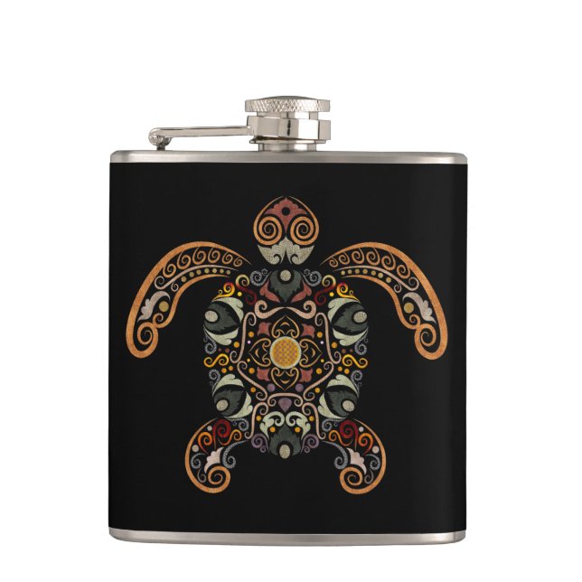 Colourful vintage turtle design hip flask (Front)