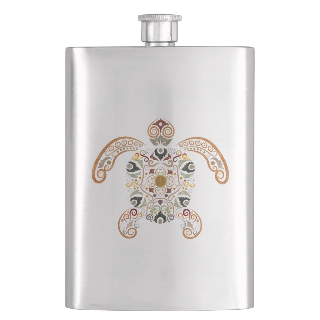 Colourful vintage turtle design hip flask (Front)