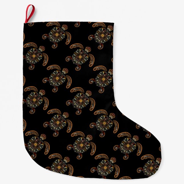 Colourful vintage turtle design large christmas stocking (Front)