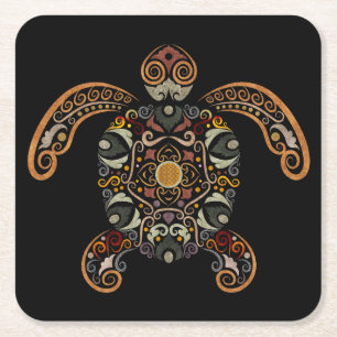 Colourful vintage turtle design square paper coaster