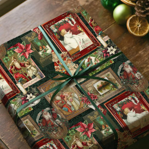 Colourful Vintage Victorian Christmas Card Collage Wrapping Paper