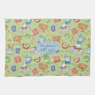 Colourful Vintage Watercolor Chef Cooking Green Tea Towel