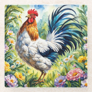 Colourful Vintage Watercolor Floral Rooster Glass Coaster