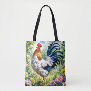 Colourful Vintage Watercolor Floral Rooster Tote Bag