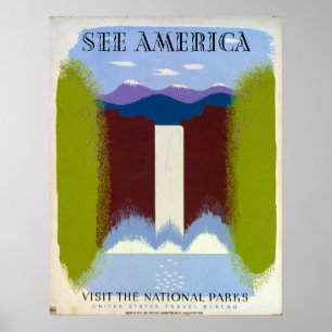 Colourful Vintage Waterfall and Mountains WPA Poster