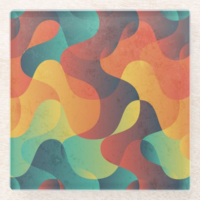 Colourful vintage wave abstract pattern glass coaster (Front)