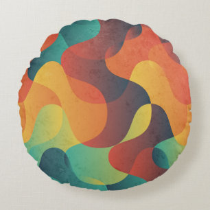 Colourful vintage wave abstract pattern round cushion