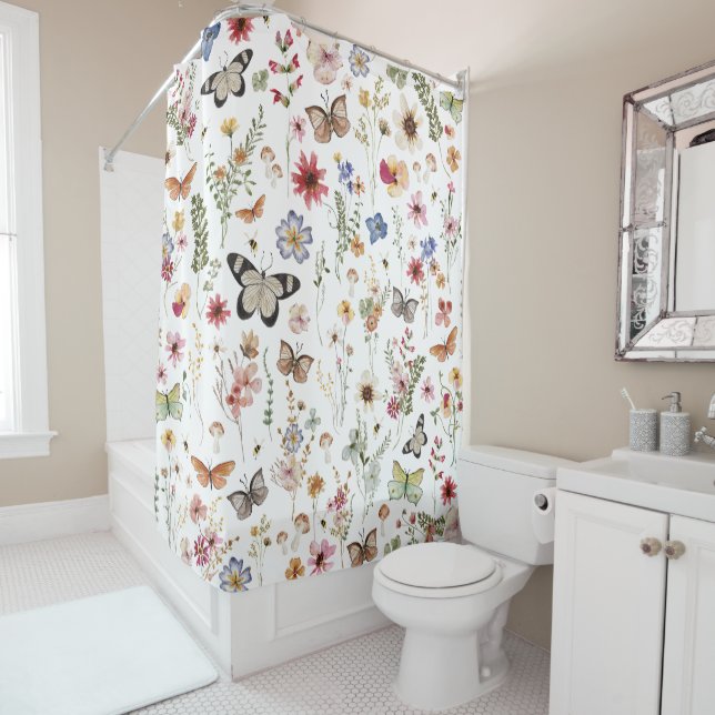 Colourful Vintage Wildflowers Butterflies Botanica Shower Curtain (In Situ)