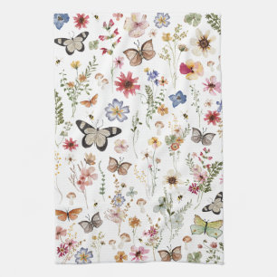 Colourful Vintage Wildflowers Butterflies Botanica Tea Towel